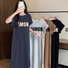 批发仿棉牛奶丝# 飞飞袖<b class='q'>韩版</b>慵懒风字母设计感中长款宽松显瘦裙子