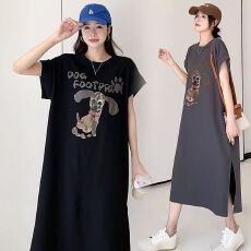 批发仿棉牛奶丝# <b class='q'>韩版</b>个性印花T恤设计感中长款过膝连衣裙飞飞袖