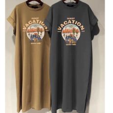 批发仿棉<b class='q'>牛奶</b><b class='q'>丝</b># 趣味印花直筒设计感百搭夏日短袖开叉<b class='q'>连衣裙</b>飞飞袖