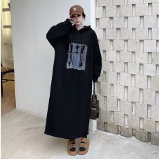 批发新款韩系欧美设计感开叉过膝<b class='q'>连衣裙</b>加绒加厚250克开叉大卫衣
