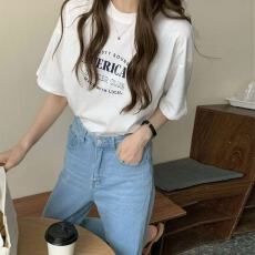 批发仿棉牛奶丝# 夏日休闲短袖<b class='q'>t</b><b class='q'>恤</b>女宽松小清新设计感百搭上衣