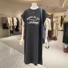 批发仿棉<b class='q'>牛奶</b><b class='q'>丝</b># 韩系ins风夏季印花直筒裙百搭短袖<b class='q'>连衣裙</b>飞飞袖