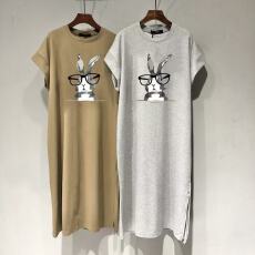 批发仿棉牛奶丝# 夏装兔兔趣味印花休闲设计感中长款过膝<b class='q'>连衣裙</b>飞飞袖