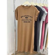 批发仿棉<b class='q'>牛奶</b><b class='q'>丝</b># 趣味字母印花设计感百搭夏日短袖开叉<b class='q'>连衣裙</b>飞飞袖