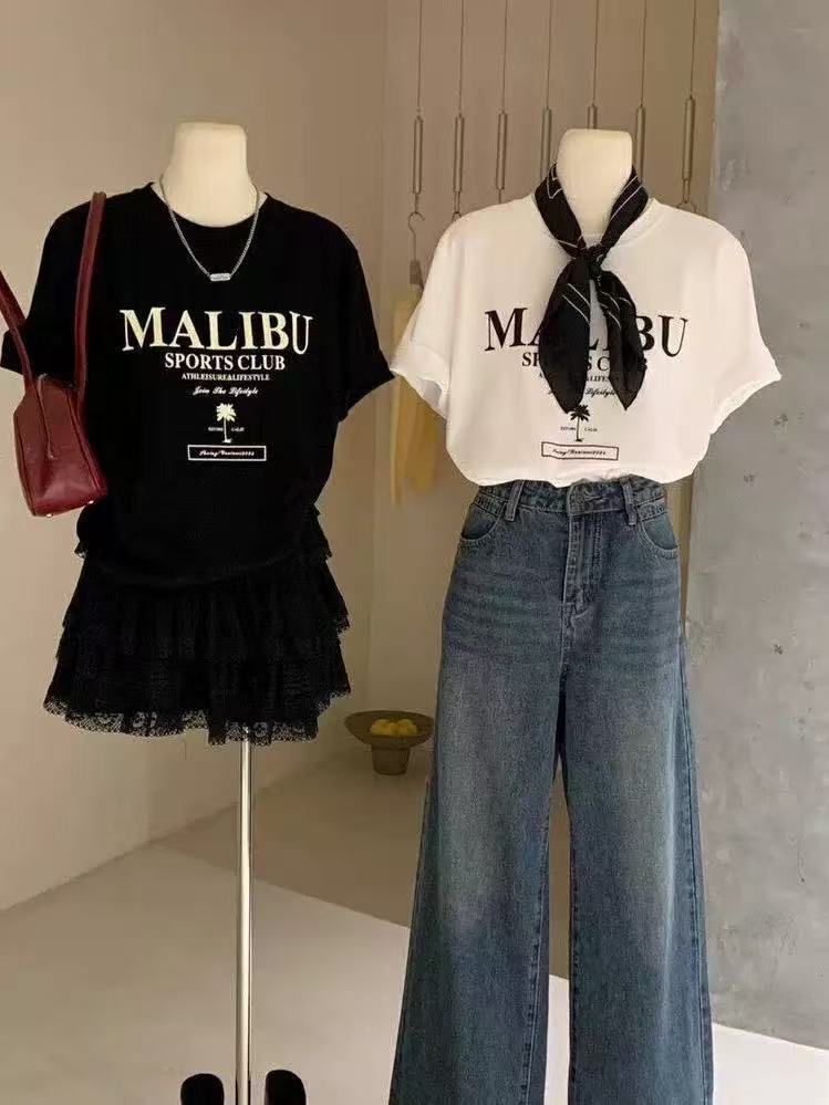 모방 면 우유 실크 한 부서 달콤한 차가운 바람 재미있는 알파벳 프린트 반팔 티셔츠 여성 의류 다용도 맨위