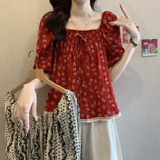 批发碎花<b class='q'>雪纺</b>衫女2026夏季娃娃衫大码微胖妹妹遮肚子短袖衬衫今年流行