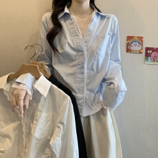 批发美拉德蕾丝拼接V领长袖衬衫女<b class='q'>秋</b>季大码胖mm设计感不规则收腰上衣