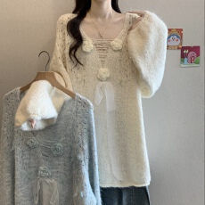 批发立体花朵<b class='q'>针织衫</b>V领毛衣大码女装2025秋冬胖mm<b class='q'>中长款</b>洋气减龄上衣