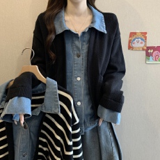 批发假两件牛仔拼接<b class='q'>外套</b><b class='q'>女</b>秋冬港风复古chic宽松休闲减龄学生夹克上衣