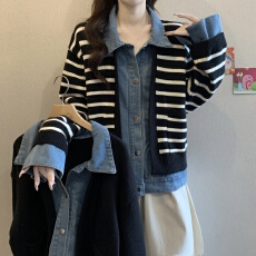 批发假两件牛仔拼接<b class='q'>外套</b><b class='q'>女</b>秋冬港风复古chic宽松休闲减龄学生夹克上衣