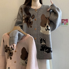 批发美式趣味小狗卡通灰色圆领毛衣外套女春秋<b class='q'>情侣</b><b class='q'>宽松</b>慵懒风针织开衫