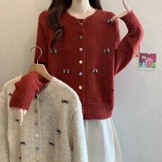 批发甜美减龄蝴蝶结圆领针织<b class='q'>开衫</b>女秋冬新款休闲显瘦百<b class='q'>搭</b><b class='q'>长袖</b>毛衣外套