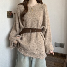 批发燕麦色高级感软糯毛衣<b class='q'>连衣裙</b>女冬季韩系<b class='q'>宽松</b>收腰显瘦拼接短裙子