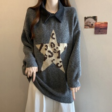 批发灰色POLO翻领中长款套头毛衣女秋冬季加厚宽松慵懒羊毛针织衫秋季