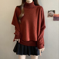 批发洋气百搭V领打底针织衫红色高领斗篷毛衣两件套女冬季一整套穿搭