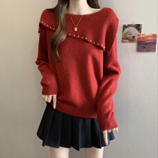 批发韩范洋气设计感大翻领钉珠一字肩套头针织衫时尚别致毛衣女百搭