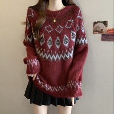 批发圣诞红色费尔岛毛衣女秋冬高级感软糯加厚提花针织衫上衣冬季穿搭