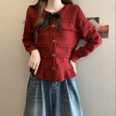 批发秋冬红色圆领毛衣女蝴蝶结针织开衫外套亮丝钉珠设计感小香风上衣