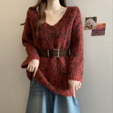 批发小众豹纹提花v领毛衣女秋冬季美式复古宽松慵懒风软糯休闲针织衫