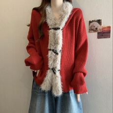 批发秋冬加绒毛领高级感针织红色毛衣外套女2025新款加厚牛角扣