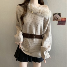 批发韩版斜肩蝙蝠袖套头毛衣女秋冬季高级感气质宽松咖色露肩针织