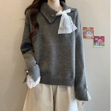 批发新款长袖宽松微胖大码女装灰色慵懒针织毛衣女<b class='q'>秋</b>冬设计感显瘦上衣