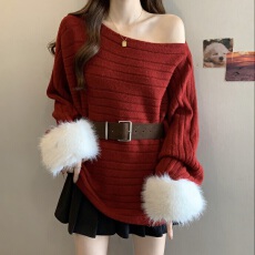批发韩版斜肩蝙蝠袖套头毛衣女<b class='q'>秋</b>冬季高级感气质宽松红色露肩针织上衣