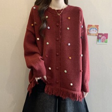 批发大码温柔甜美流苏红色毛衣外套女<b class='q'>秋</b>冬胖mm彩色毛球针织衫圆领