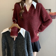 批发红色Polo领假两件针织衫女巨好看的<b class='q'>秋</b>冬打底高级感亮片毛衣上衣