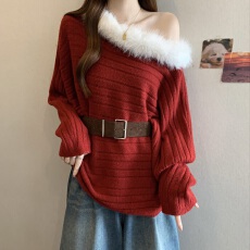批发韩版斜肩蝙蝠袖套头毛衣女<b class='q'>秋</b>冬季高级感气质宽松红色露肩针织