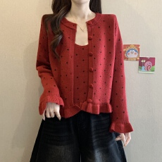 批发大码微胖红色波点木耳花边开衫毛衣女<b class='q'>秋</b>冬季蕾丝拼接吊带两件套装
