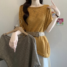 批发大码胖妹妹慵懒松弛感复古美拉德露肩腰带收腰上衣女夏季气质T恤