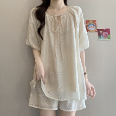 批发<b class='q'>蕾丝</b>绣花套装女夏2026新款法式泡泡袖衬衫休闲阔腿<b class='q'>短裤</b>两件套