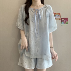 批发微胖2026新款法式泡泡袖衬衫休闲阔腿<b class='q'>短裤</b>两件套<b class='q'>蕾丝</b>绣花套装女夏
