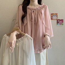 批发法式粉色一字肩<b class='q'>短袖</b>雪纺<b class='q'>衬衫女</b>夏季高级感气质纯欲风独特漂亮上衣