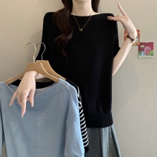 批发夏季新款<b class='q'>圆领</b>冰丝短袖女宽松慵懒风蝙蝠衫T恤薄洋气中袖上衣大码