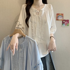 批发大码微胖泡泡袖短袖衬衫女夏季宽松娃娃衫新中式衬衣上衣镂空