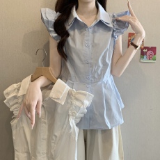 批发蓝色衬衫修身飞飞袖法式上衣2026年夏季新款短款今年流行小衫女装