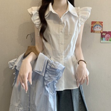 批发2026年夏季新款短款微胖衬衫女装修身飞飞袖法式独特设计上衣小衫