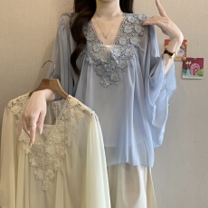 批发微胖设计感法式气质轻熟衬衫女2026夏季新款重工灯笼袖蓝色上衣