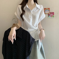 批发衬衫<b class='q'>夏</b>季微胖mm波点不规则POLO领短袖绑带衬衣大码女装设计感收腰