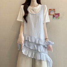 批发2026夏季简约显瘦设计感小众蛋糕裙摆<b class='q'>t</b><b class='q'>恤</b>叠穿两件套吊带连衣裙