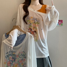 批发今年流行爆款女装2026新款两件套薄纱圆领t恤慵懒风宽松防晒罩衫