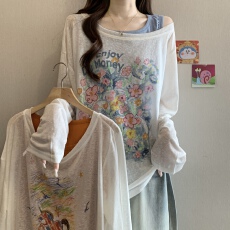批发韩系涂鸦长袖T恤女夏季新款宽松防晒松弛感薄款上衣显瘦两件套