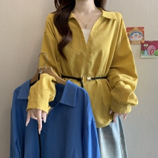 批发大码女装<b class='q'>假两件</b>设计感V领正肩<b class='q'>衬衫</b>夏季胖MM收腰显瘦系带长袖上衣