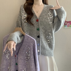 批发2026秋冬新款微胖大码亮片开衫毛衣女冬慵懒风软糯毛针织外套