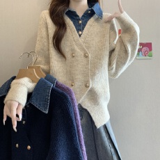 批发假两件韩版宽松遮肚毛衣开衫女<b class='q'>秋</b>冬大码胖mm慵懒风外穿针织衫上衣