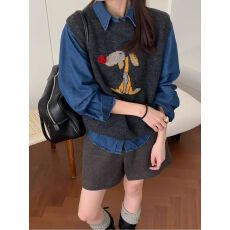 批发气质穿搭韩系卡通设计感<b class='q'>牛仔</b><b class='q'>衬衫</b>针织马甲套装新款