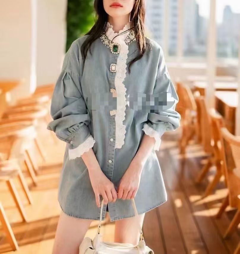 패션 비즈 박기 레이스 조각 데님 셔츠 다용도 새로운