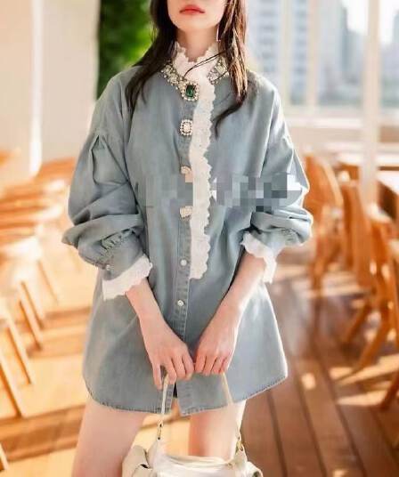 패션 비즈 박기 레이스 조각 데님 셔츠 다용도 새로운